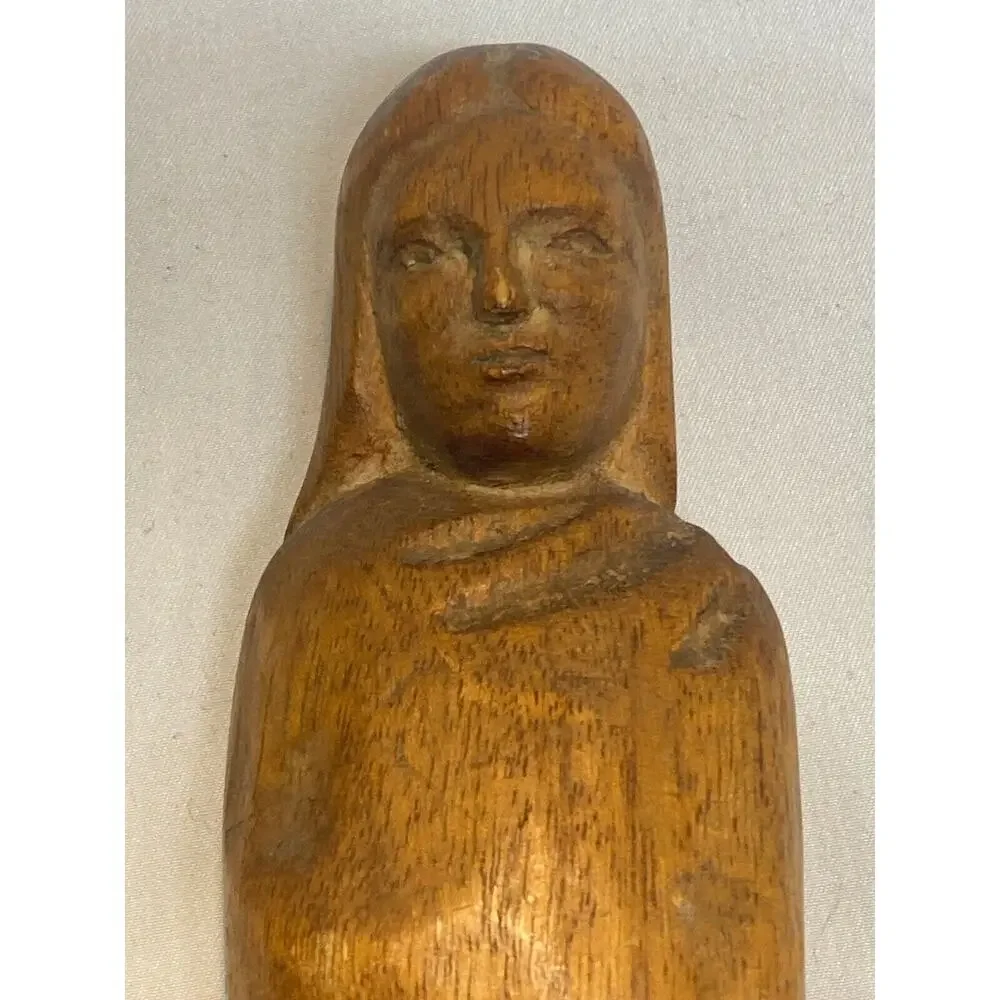 2 Hand Carved Wood Folk Figures Women 1 Signed